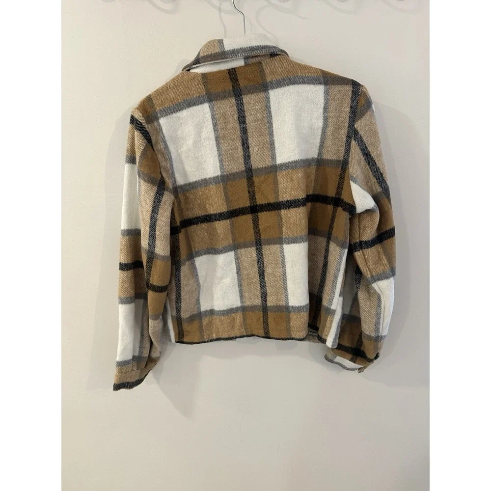 Plaid Cropped Shacket - Button Down Flannel Coat with Pockets - Small